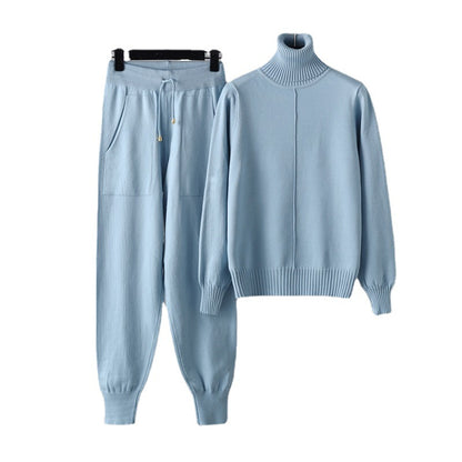 Casual Fashion Set European and American High Collar Solid Color Sweater Knitted Two Piece Set