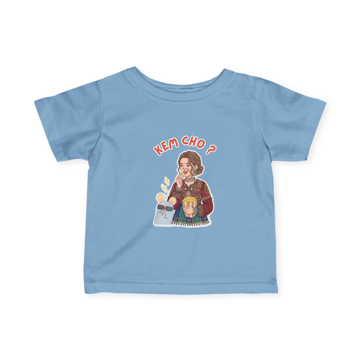 Infant Tee — "Kem Cho?" Gujarati Baby Shirt with Cute Mom & Kid Illustration