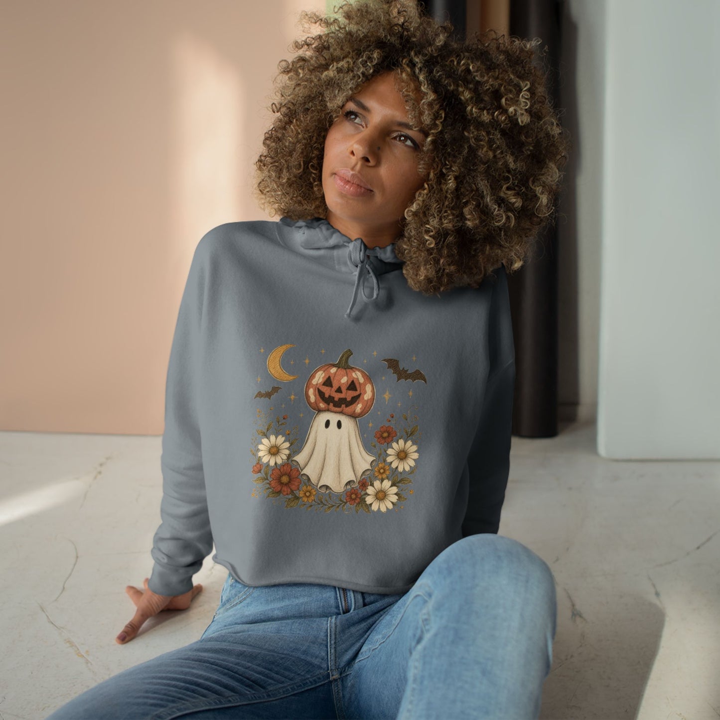 Autumn Pumpkin Ghost Crop Hoodie — Cute Halloween Crop Top Hoodie