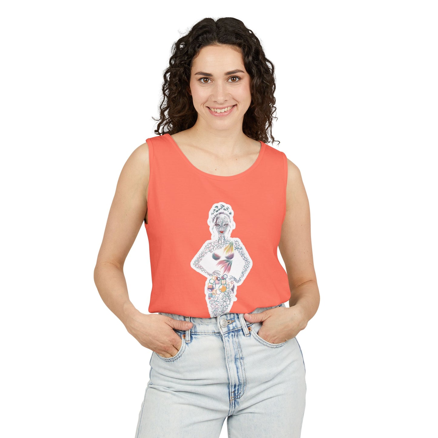 Tank Top — Floral Fashion Figure Front & "It's a New Day" Heart Back Graphic