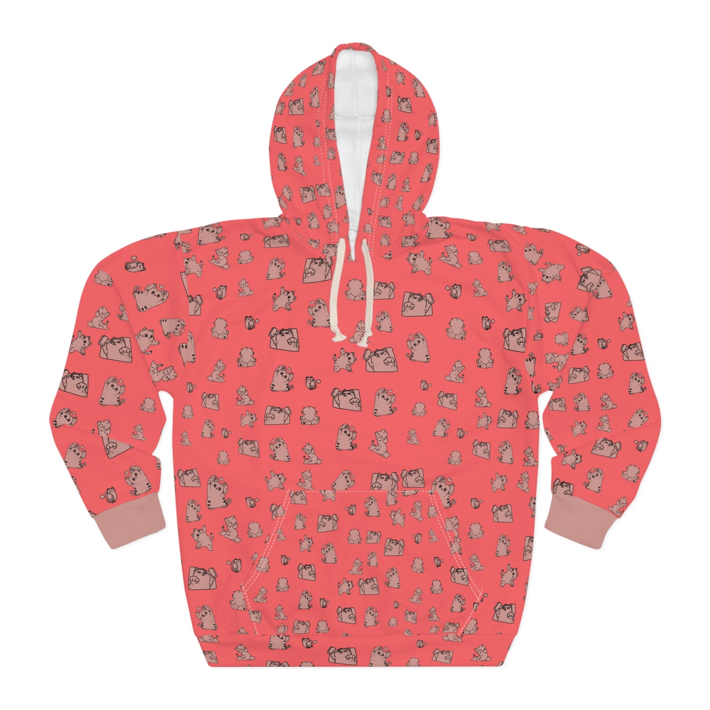 Cute Cat Pattern Hoodie – Coral All-Over Print Pullover