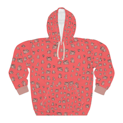 Cute Cat Pattern Hoodie – Coral All-Over Print Pullover