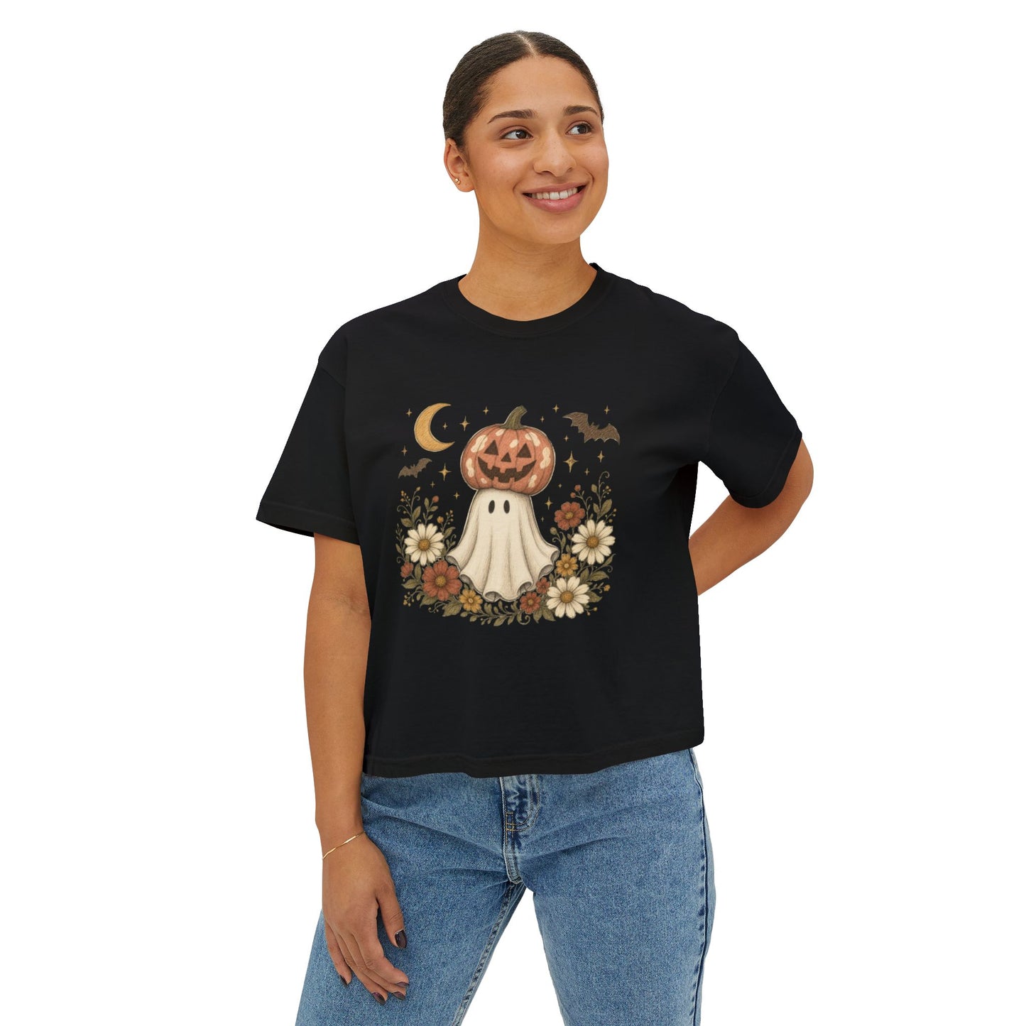 Halloween Pumpkin Ghost Floral Boxy Tee