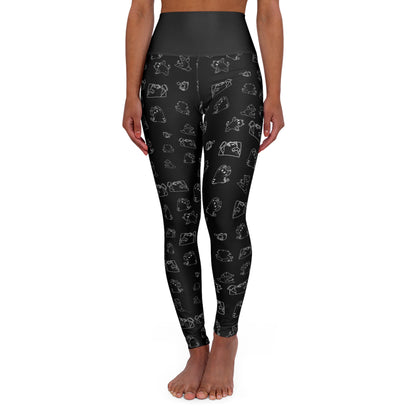 Black High-Waisted Yoga Leggings with Subtle Sketch Cat Pattern