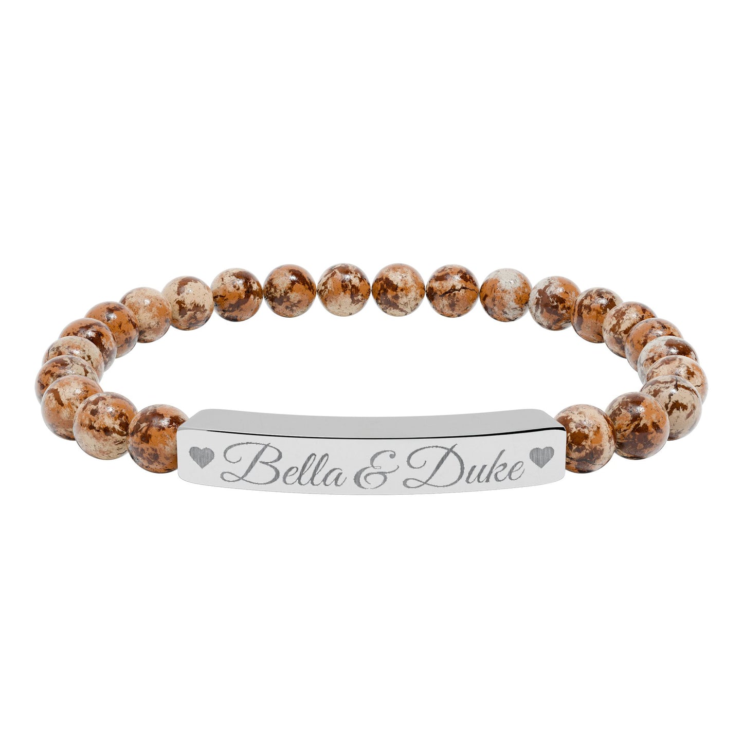 Engravable Natural Stone Bar Bracelet — Personalized Stretch Beaded Bracelet (e.g., "Bella & Duke")