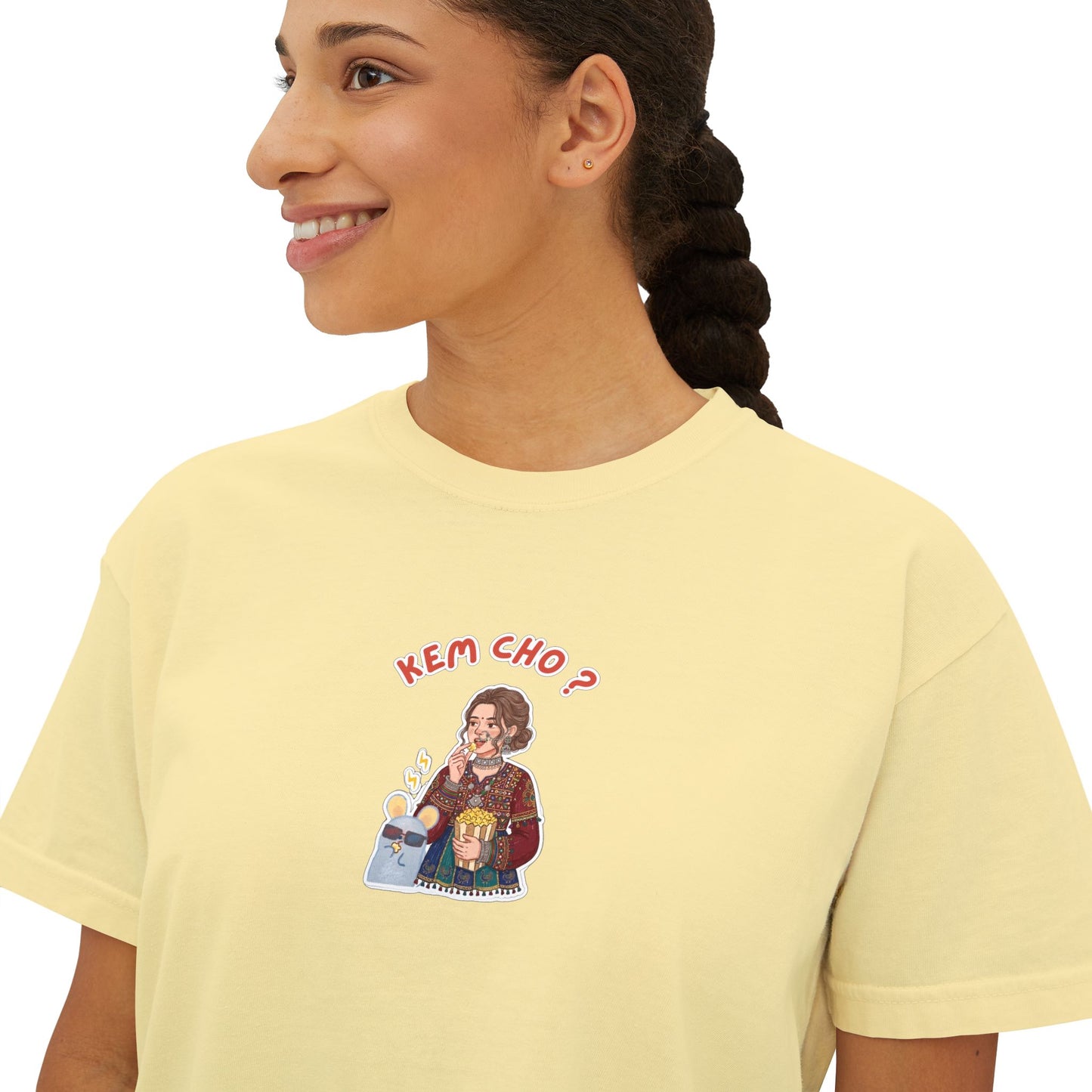 Boxy Tee — Cute Korean Phrase Graphic "Kem Cho?" Cropped Women's Tee