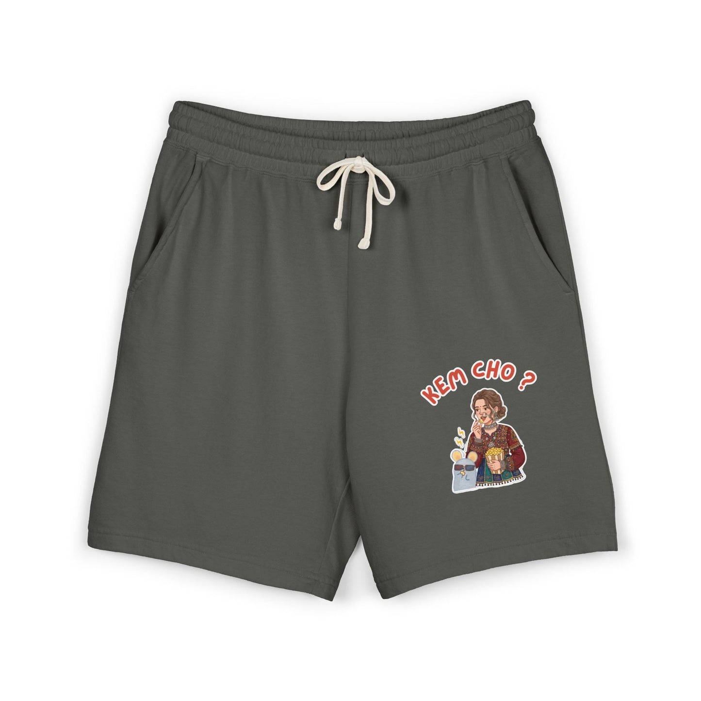 Cream Fleece Sweat Shorts with 'Kem Cho?' Cartoon Graphic