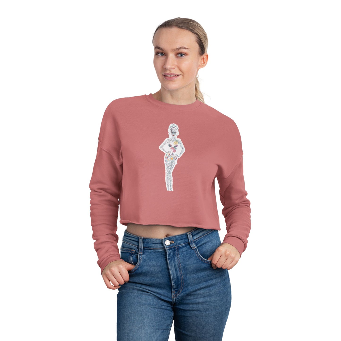 Cropped Sweatshirt — 'New Day' Heart Graphic with Retro Femme Illustration
