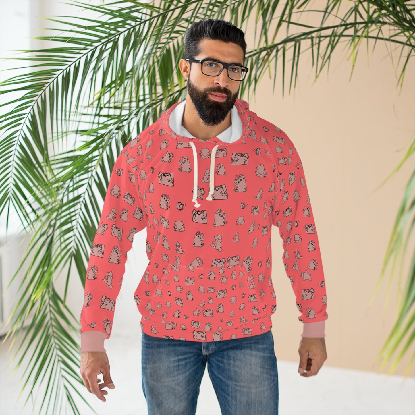 Cute Cat Pattern Hoodie – Coral All-Over Print Pullover