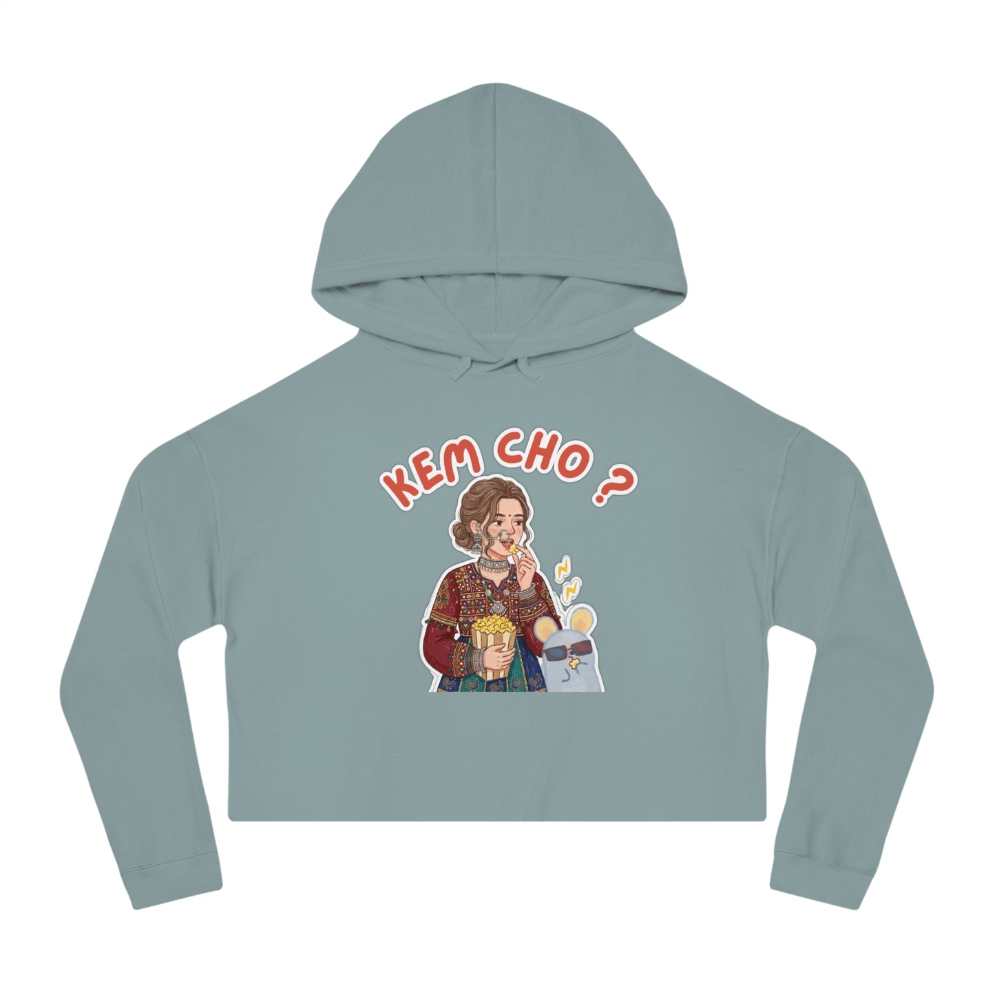 Cropped Hoodie — 'Kem Cho?' Gujarati Girl Illustration, Fun Ethnic Indian Style