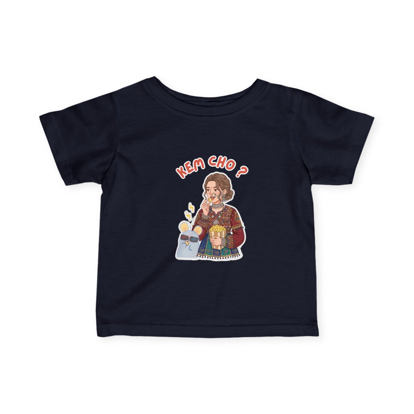 Infant Tee — "Kem Cho?" Gujarati Baby Shirt with Cute Mom & Kid Illustration