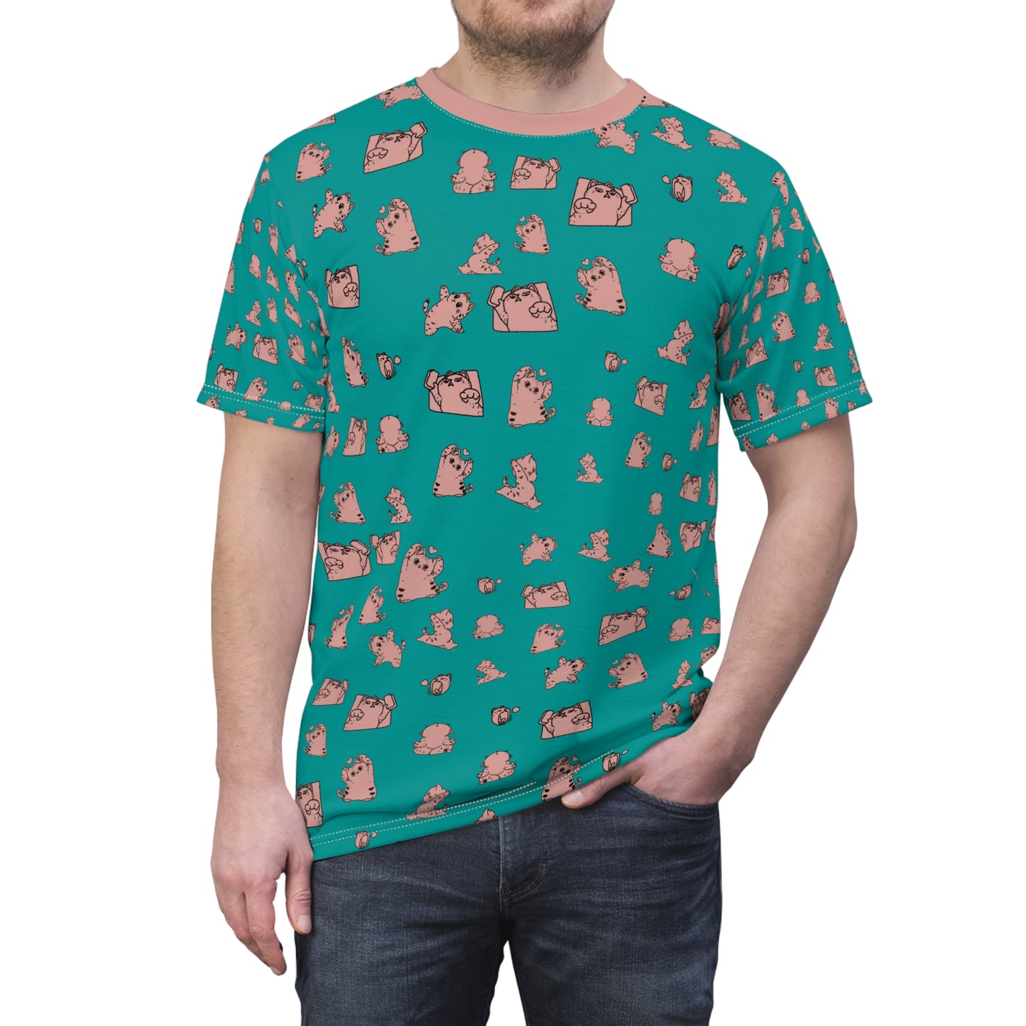 Teal All-Over Print Tee with Cute Cat Pattern