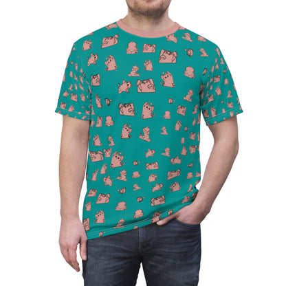Teal All-Over Print Tee with Cute Cat Pattern