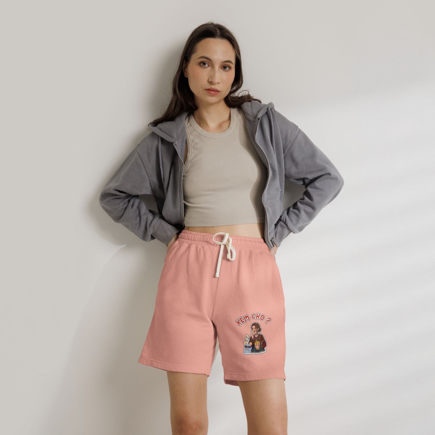 Cream Fleece Sweat Shorts with 'Kem Cho?' Cartoon Graphic