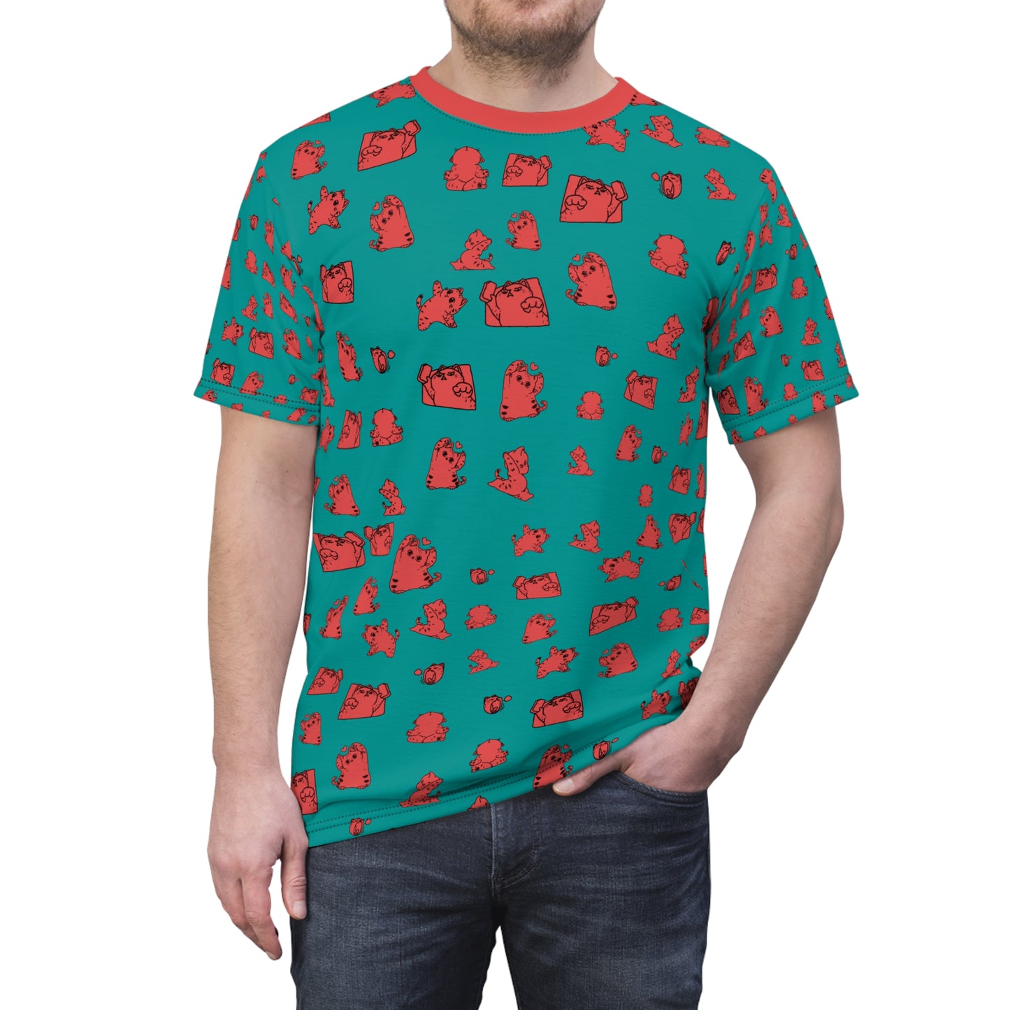 Teal All-Over Print Tee with Cute Cat Pattern
