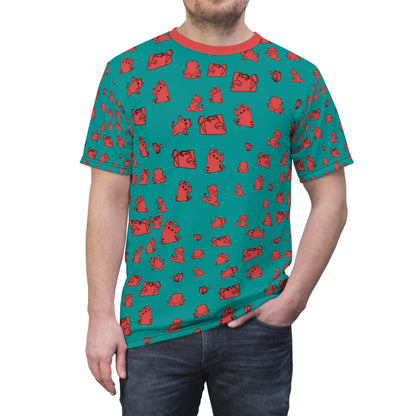 Teal All-Over Print Tee with Cute Cat Pattern