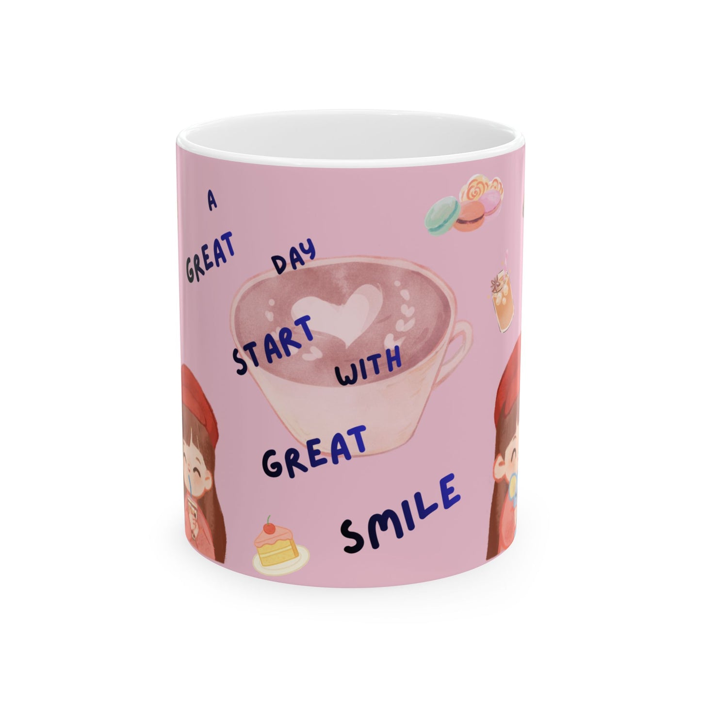 Ceramic Mug — "A Great Day Starts With a Great Smile" Cute Pink Kawaii Coffee Tea Cup