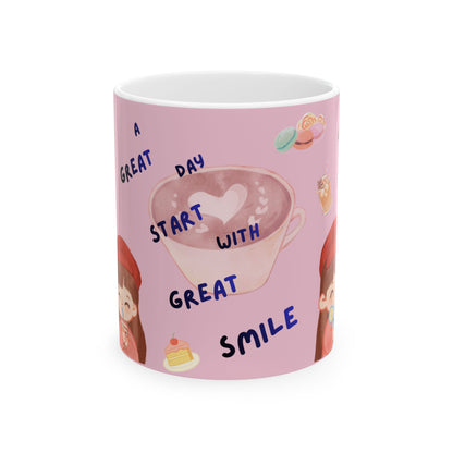 Ceramic Mug — "A Great Day Starts With a Great Smile" Cute Pink Kawaii Coffee Tea Cup