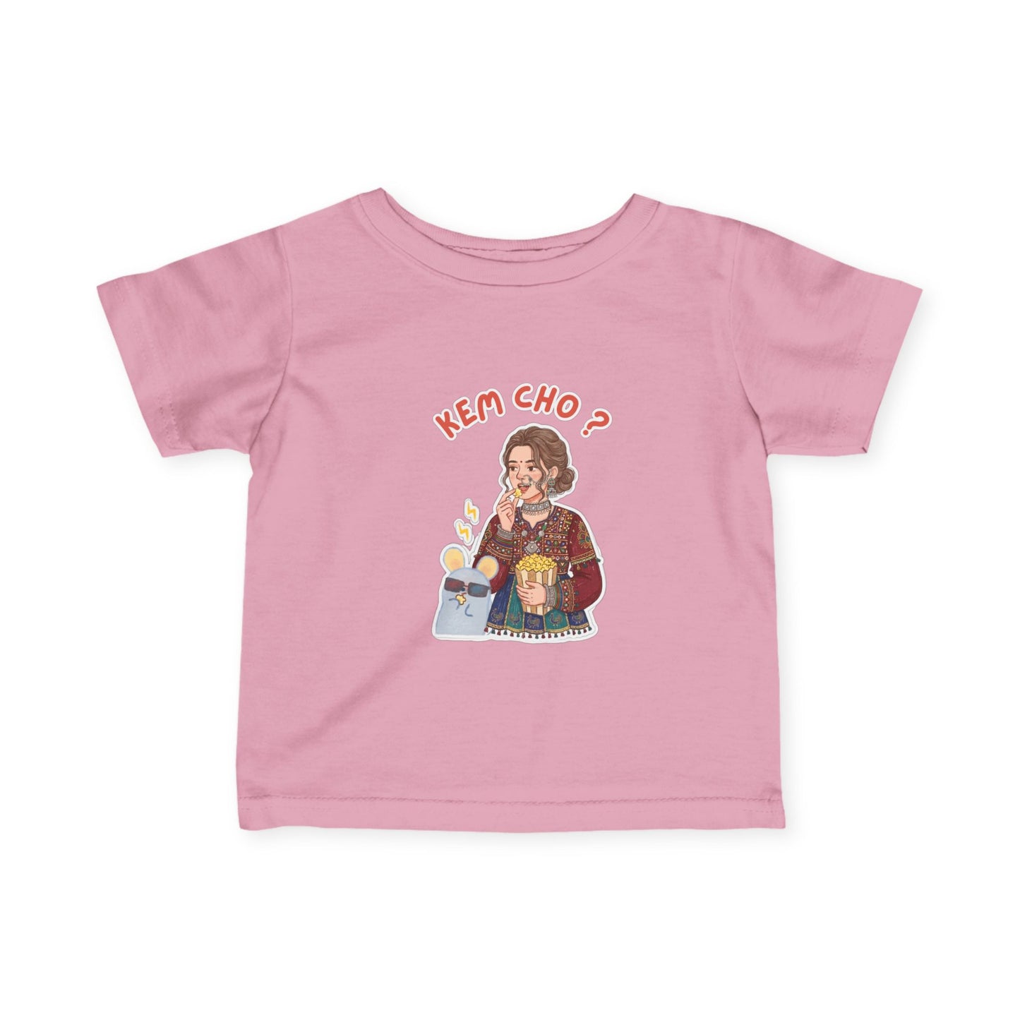 Infant Tee — "Kem Cho?" Gujarati Baby Shirt with Cute Mom & Kid Illustration