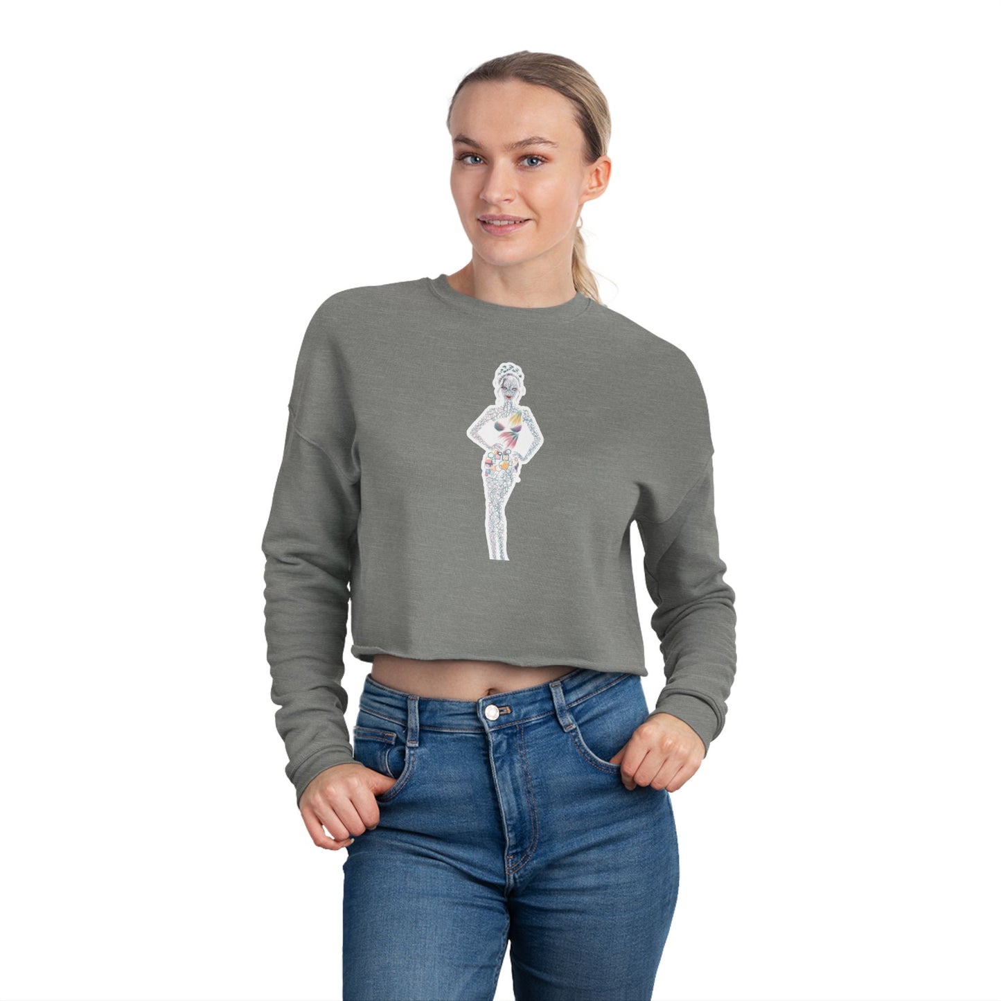 Cropped Sweatshirt — 'New Day' Heart Graphic with Retro Femme Illustration