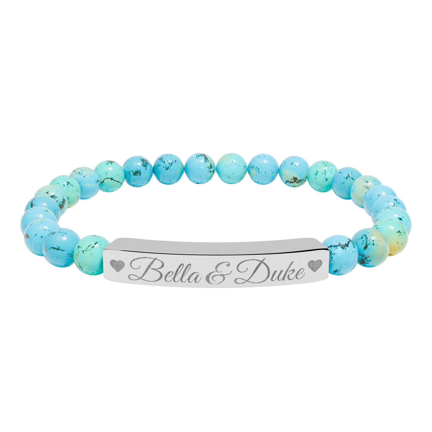 Engravable Natural Stone Bar Bracelet — Personalized Stretch Beaded Bracelet (e.g., "Bella & Duke")