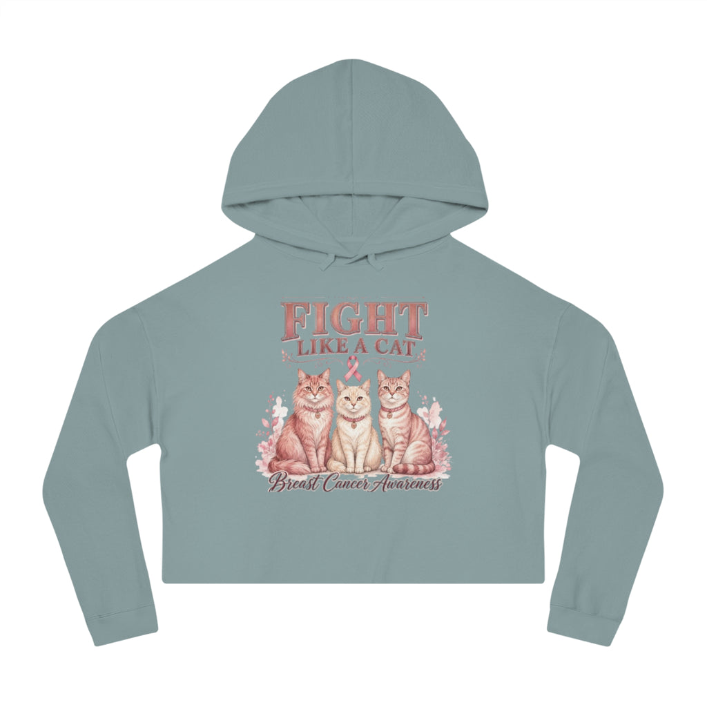 Fight Like a Cat Cropped Hoodie — Breast Cancer Awareness Women’s Sweatshirt