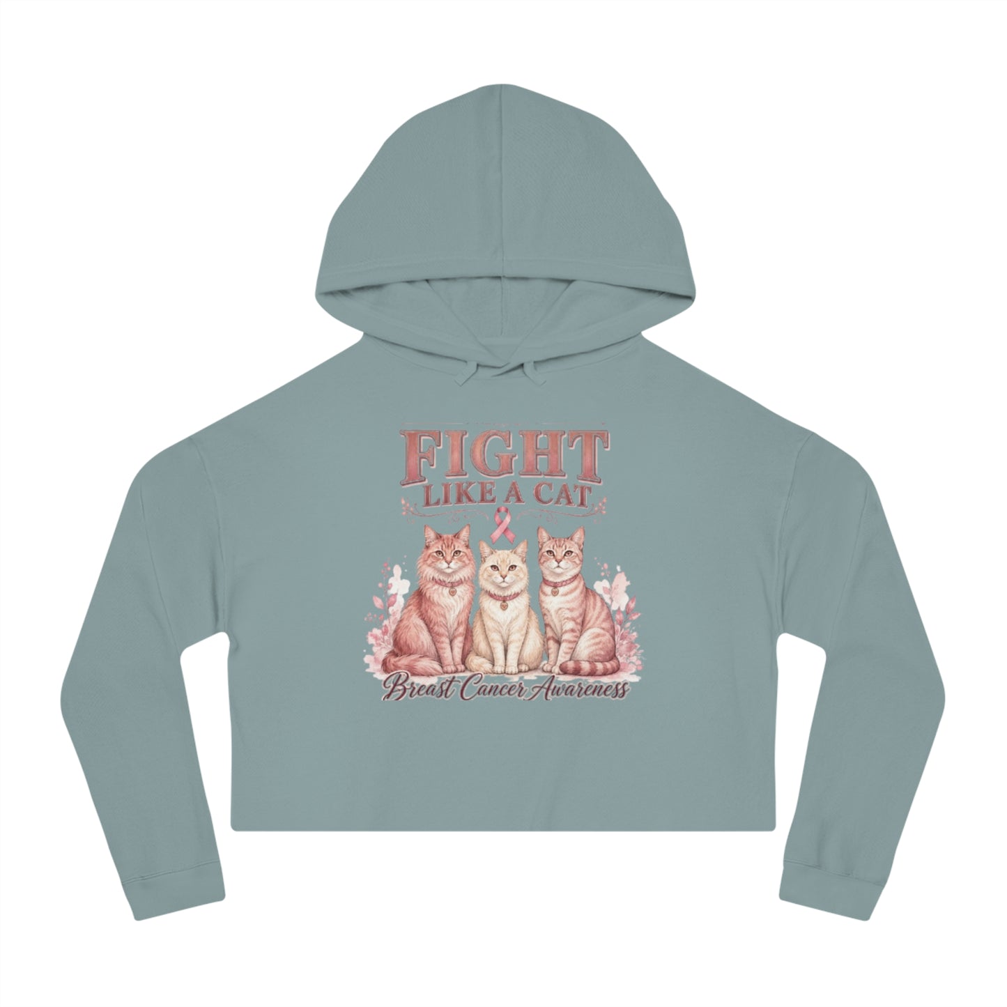 Fight Like a Cat Cropped Hoodie — Breast Cancer Awareness Women’s Sweatshirt