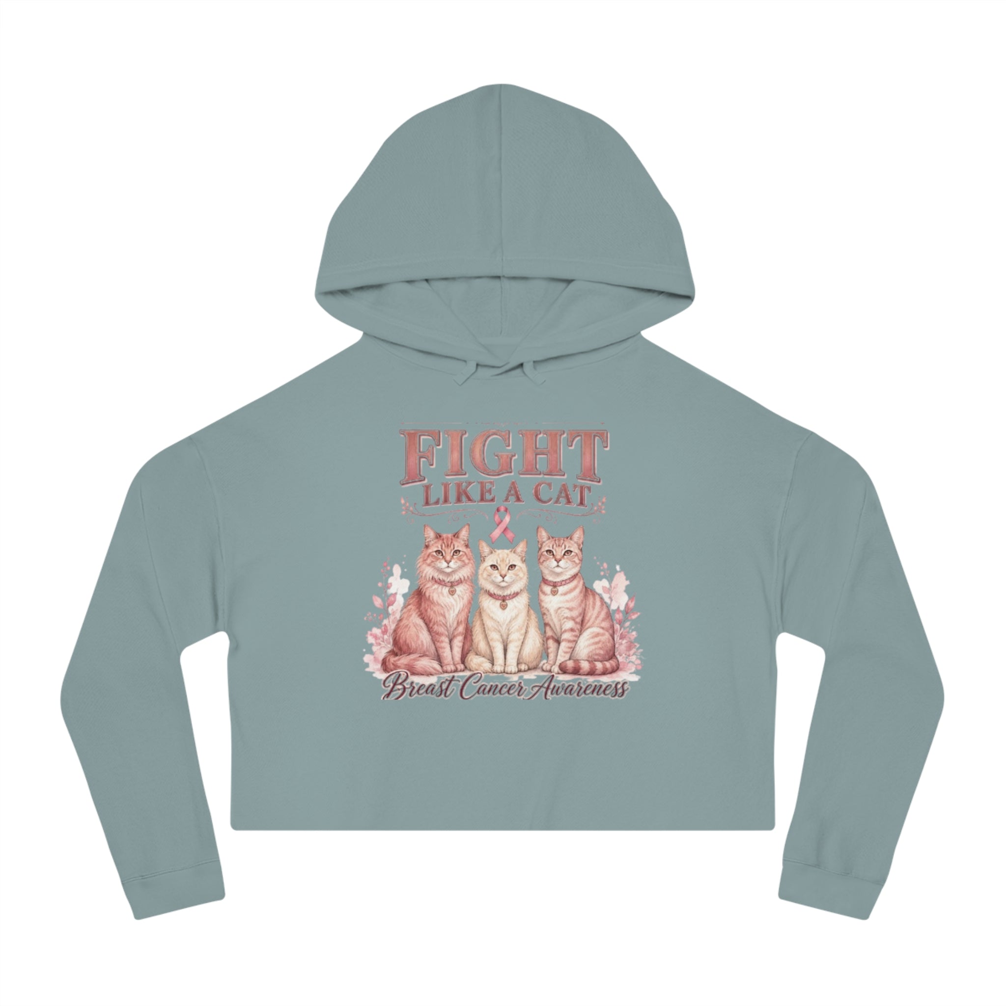 Fight Like a Cat Cropped Hoodie — Breast Cancer Awareness Women’s Sweatshirt