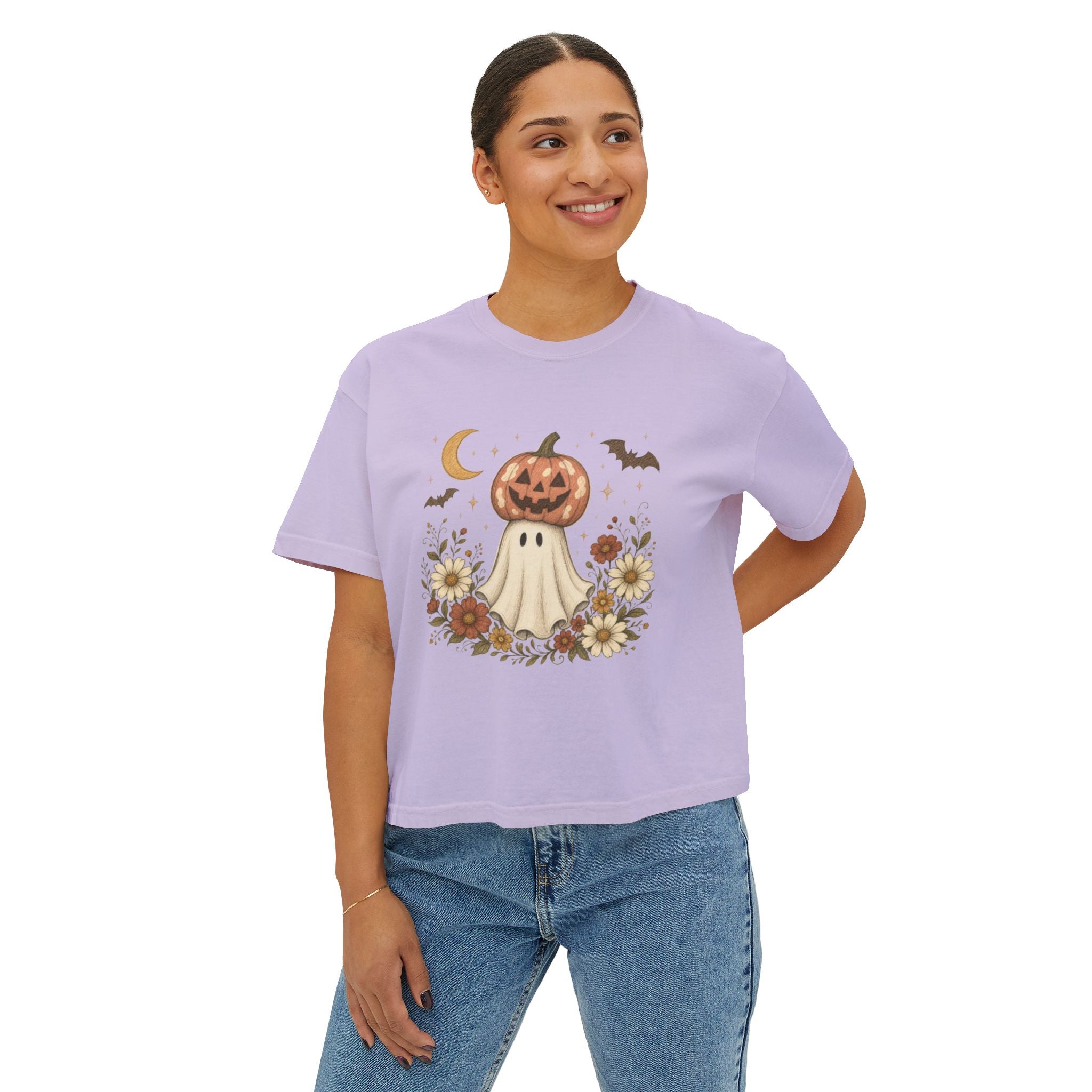 Halloween Pumpkin Ghost Floral Boxy Tee