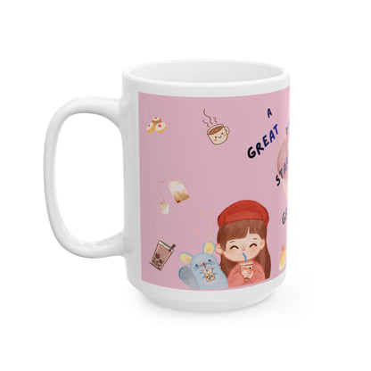 Ceramic Mug — "A Great Day Starts With a Great Smile" Cute Pink Kawaii Coffee Tea Cup