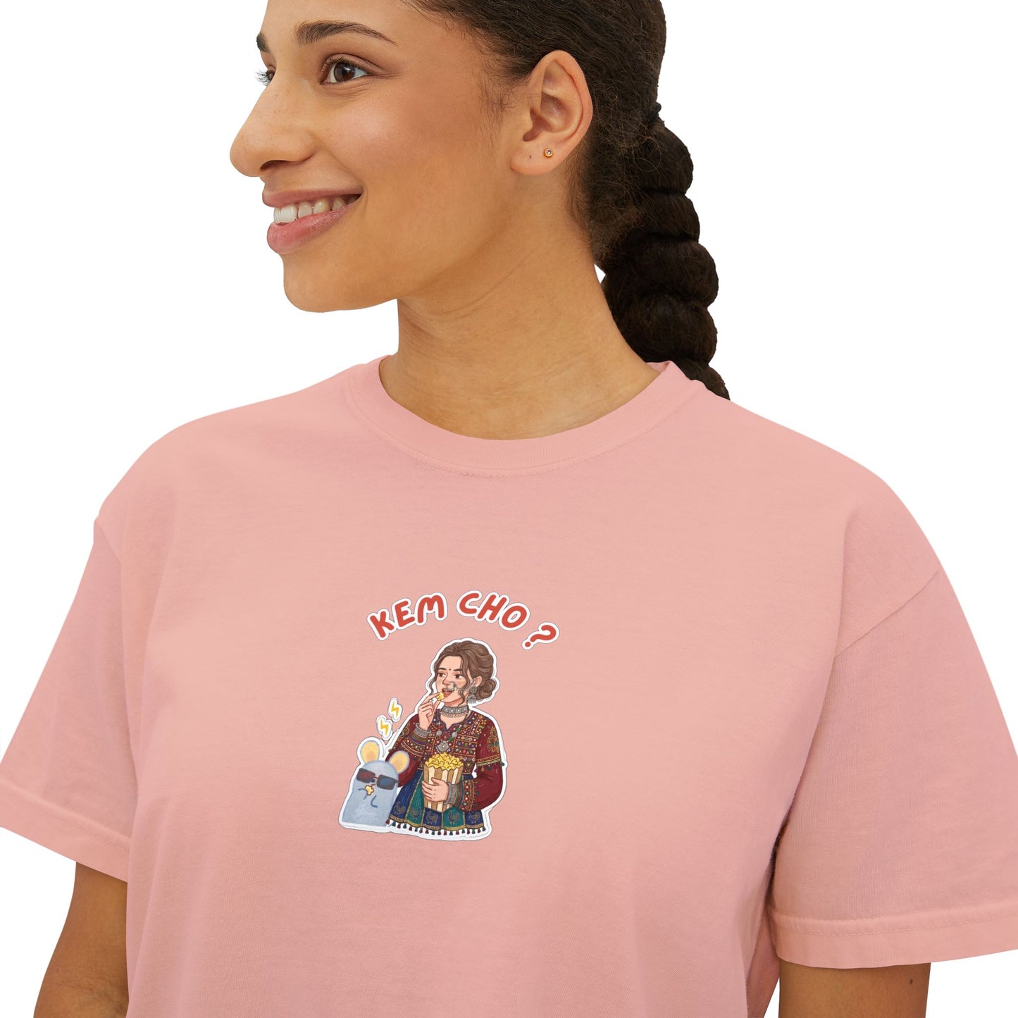 Boxy Tee — Cute Korean Phrase Graphic "Kem Cho?" Cropped Women's Tee