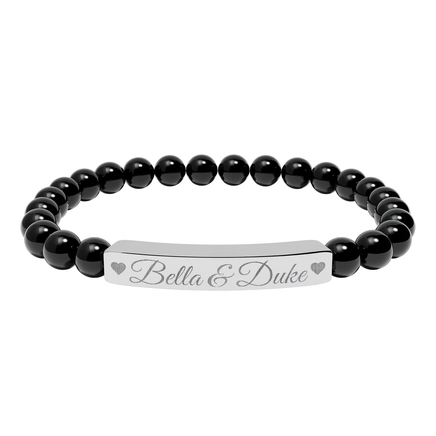 Engravable Natural Stone Bar Bracelet — Personalized Stretch Beaded Bracelet (e.g., "Bella & Duke")