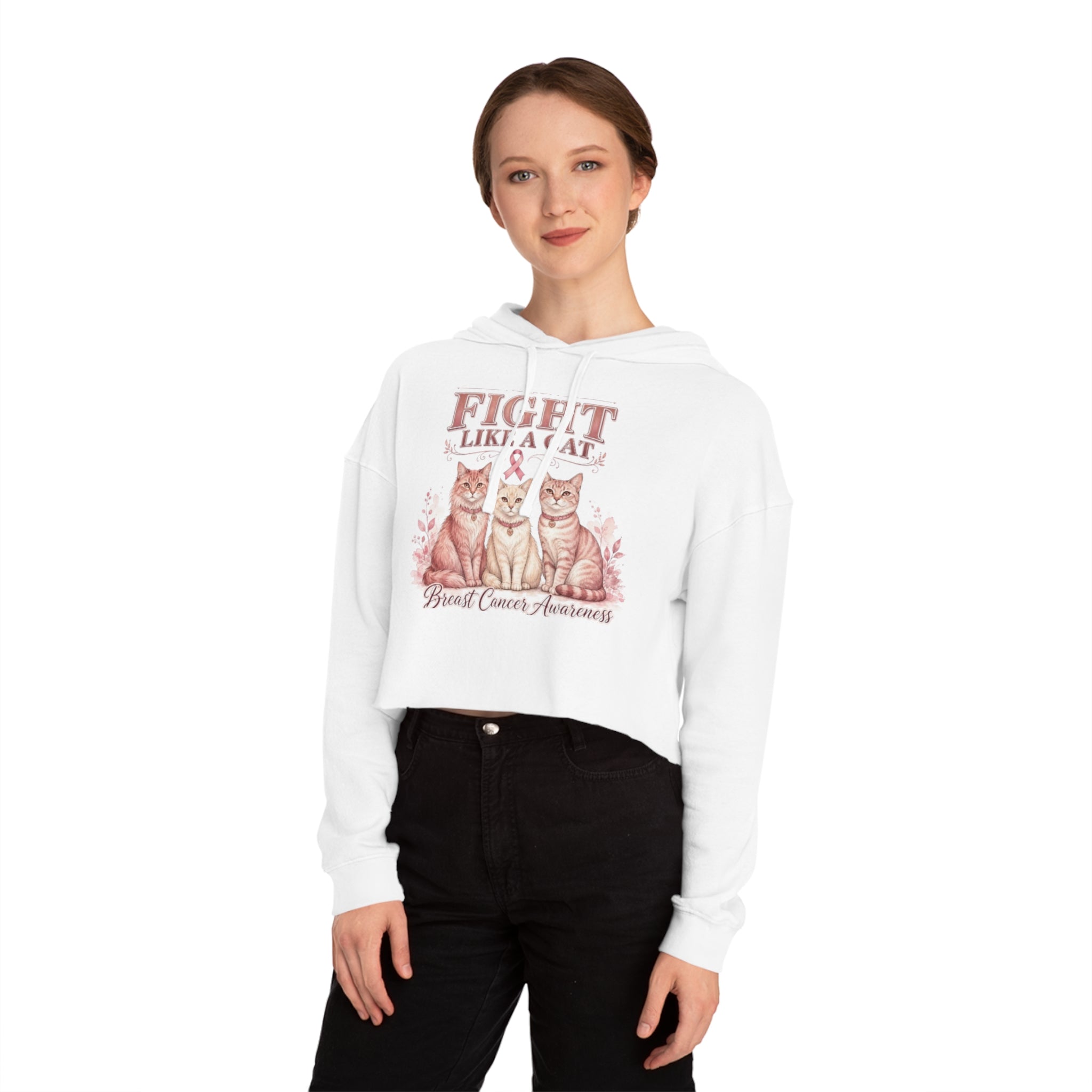 Fight Like a Cat Cropped Hoodie — Breast Cancer Awareness Women’s Sweatshirt