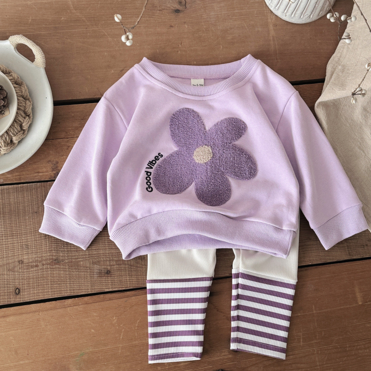 Flower patch hoodie striped pants two-piece set