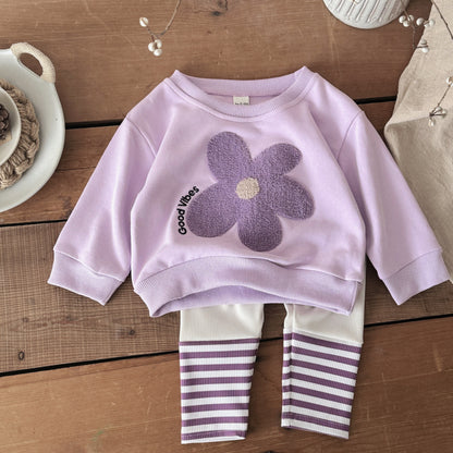 Flower patch hoodie striped pants two-piece set