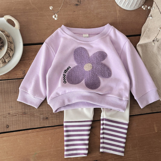 Flower patch hoodie striped pants two-piece set