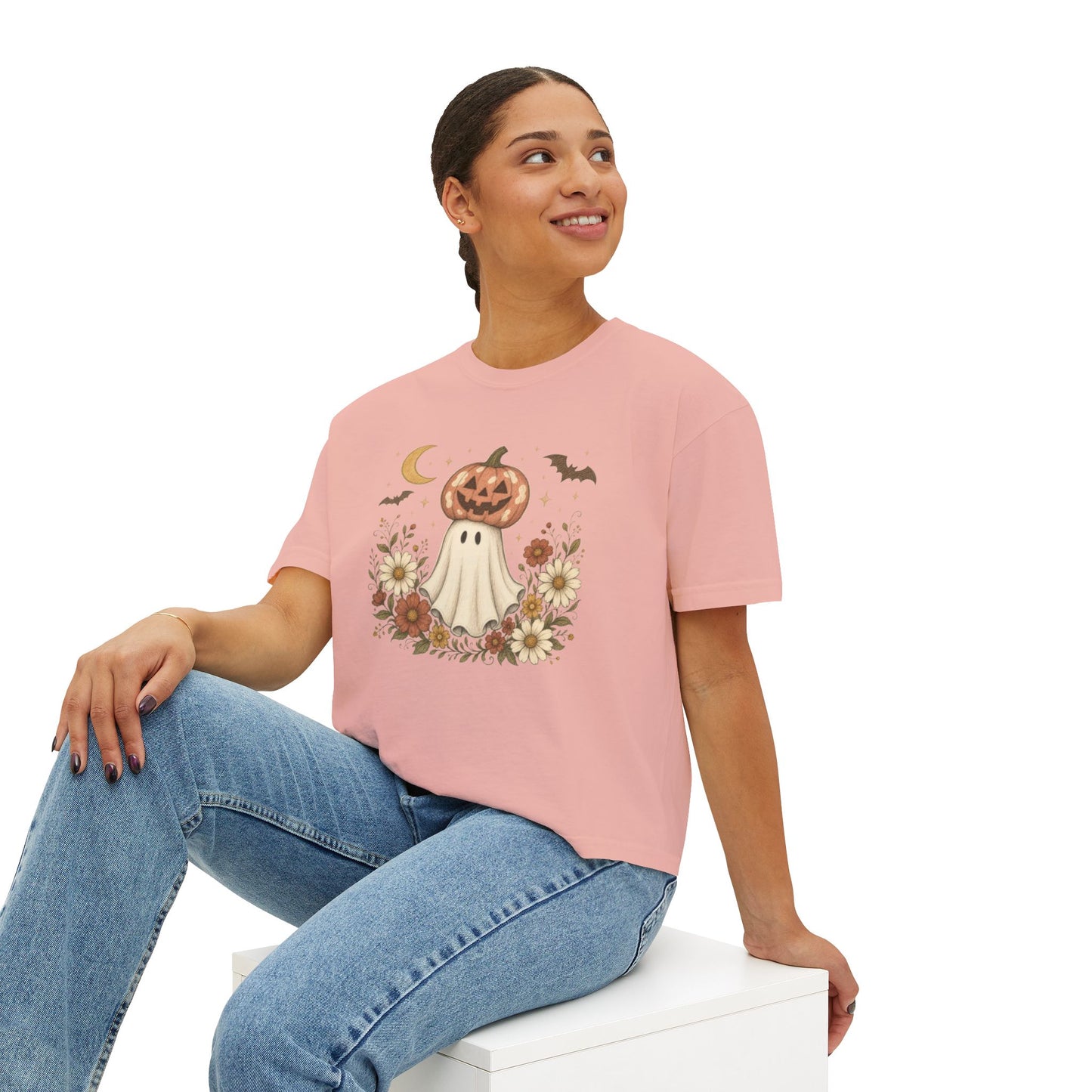 Halloween Pumpkin Ghost Floral Boxy Tee