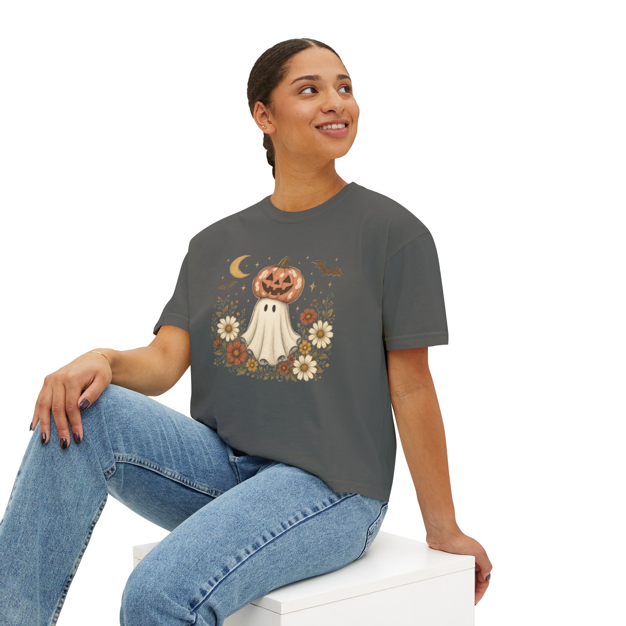 Halloween Pumpkin Ghost Floral Boxy Tee