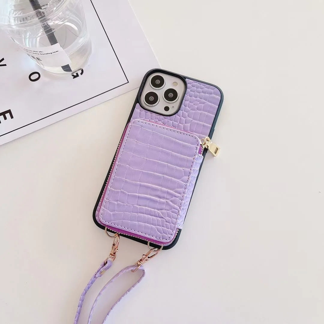 Étui de téléphone rigide avec lanière, portefeuille en cuir de luxe et dragonne