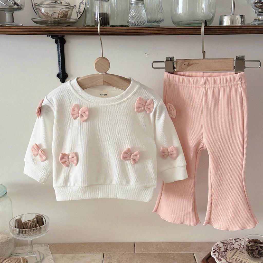 Bow decoration hoodie+high waisted elastic flared pants set