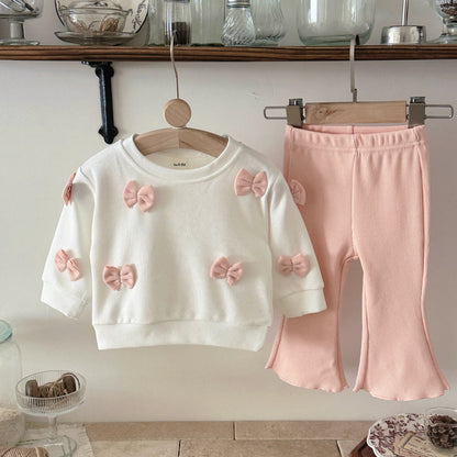 Bow decoration hoodie+high waisted elastic flared pants set