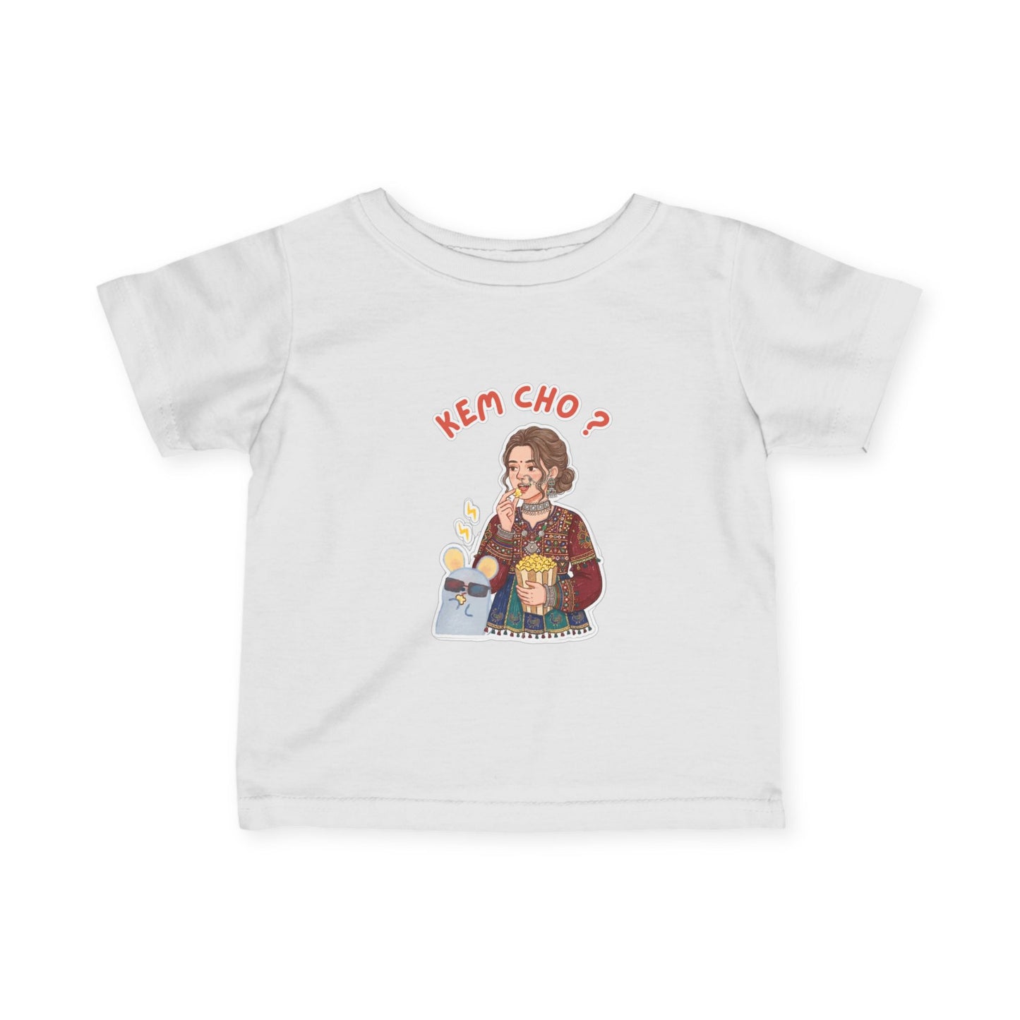 Infant Tee — "Kem Cho?" Gujarati Baby Shirt with Cute Mom & Kid Illustration