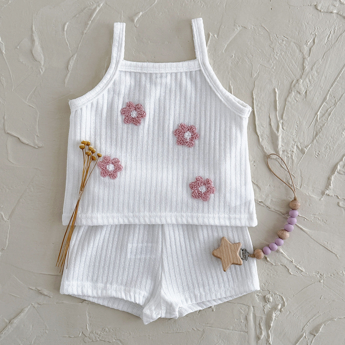 Summer flower embroidery square neck breathable two-piece set for girls