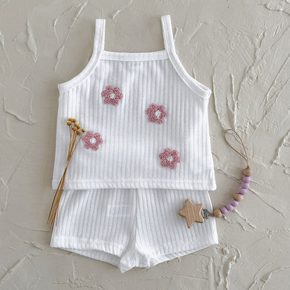 Summer flower embroidery square neck breathable two-piece set for girls