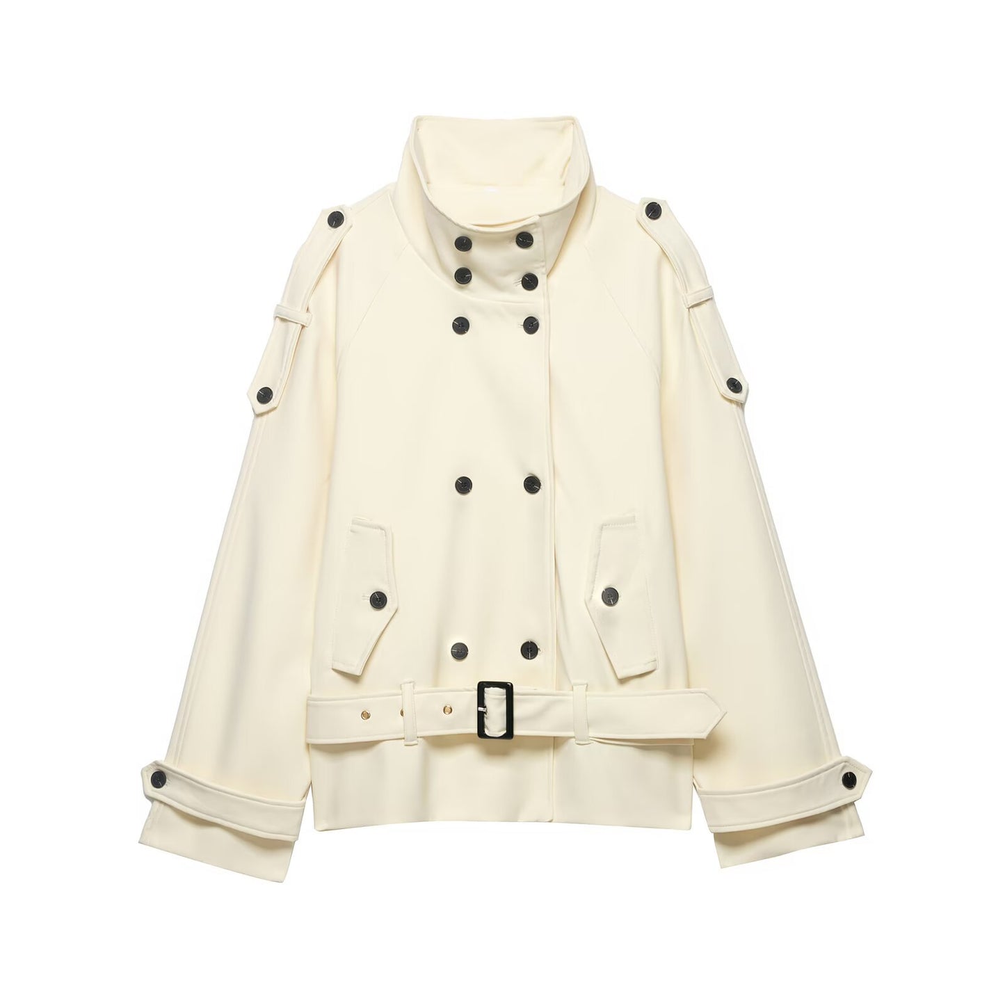 Commuting style stand up collar curved shoulder shape tied windbreaker jacket