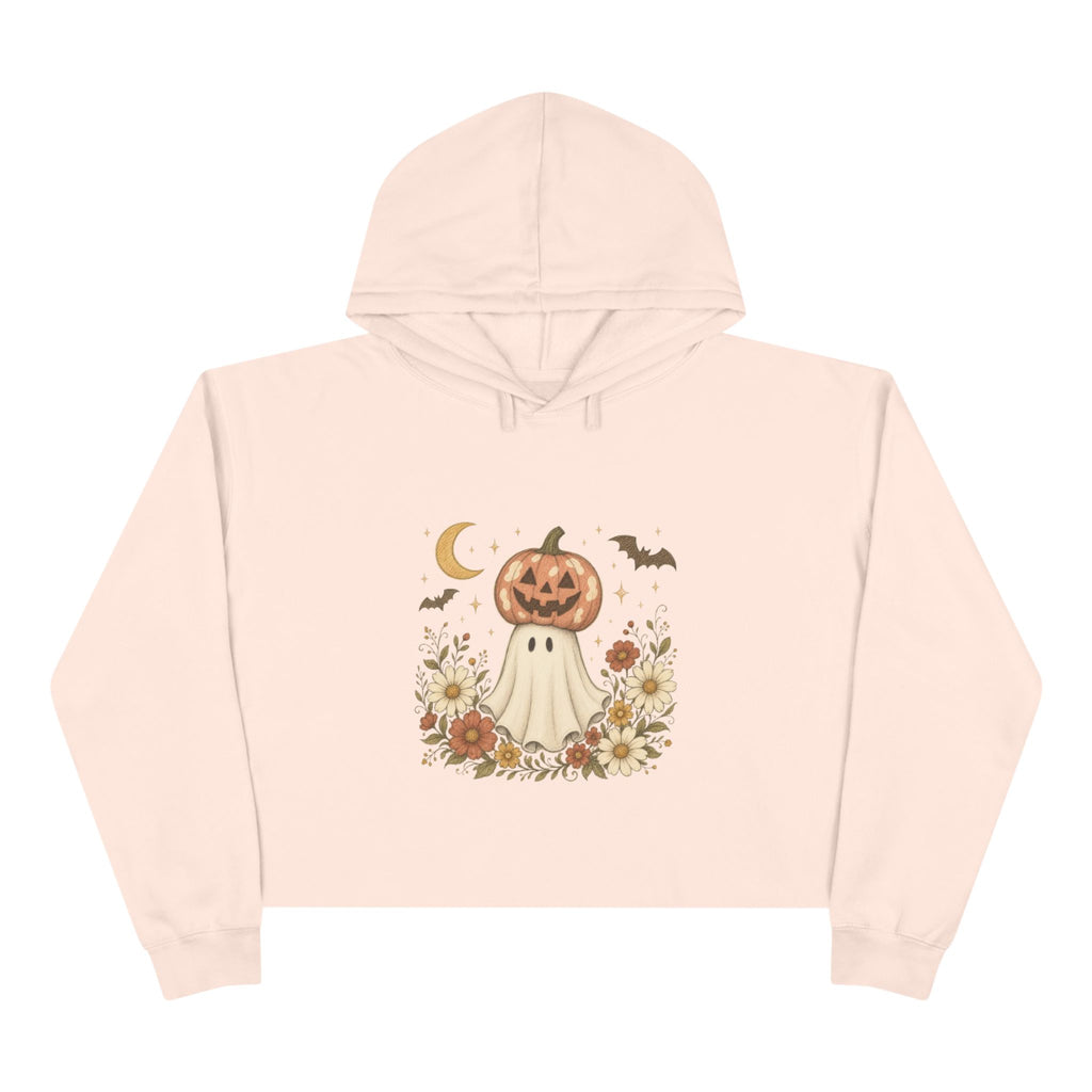 Autumn Pumpkin Ghost Crop Hoodie — Cute Halloween Crop Top Hoodie
