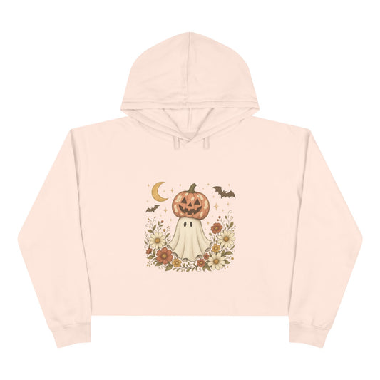 Autumn Pumpkin Ghost Crop Hoodie — Cute Halloween Crop Top Hoodie