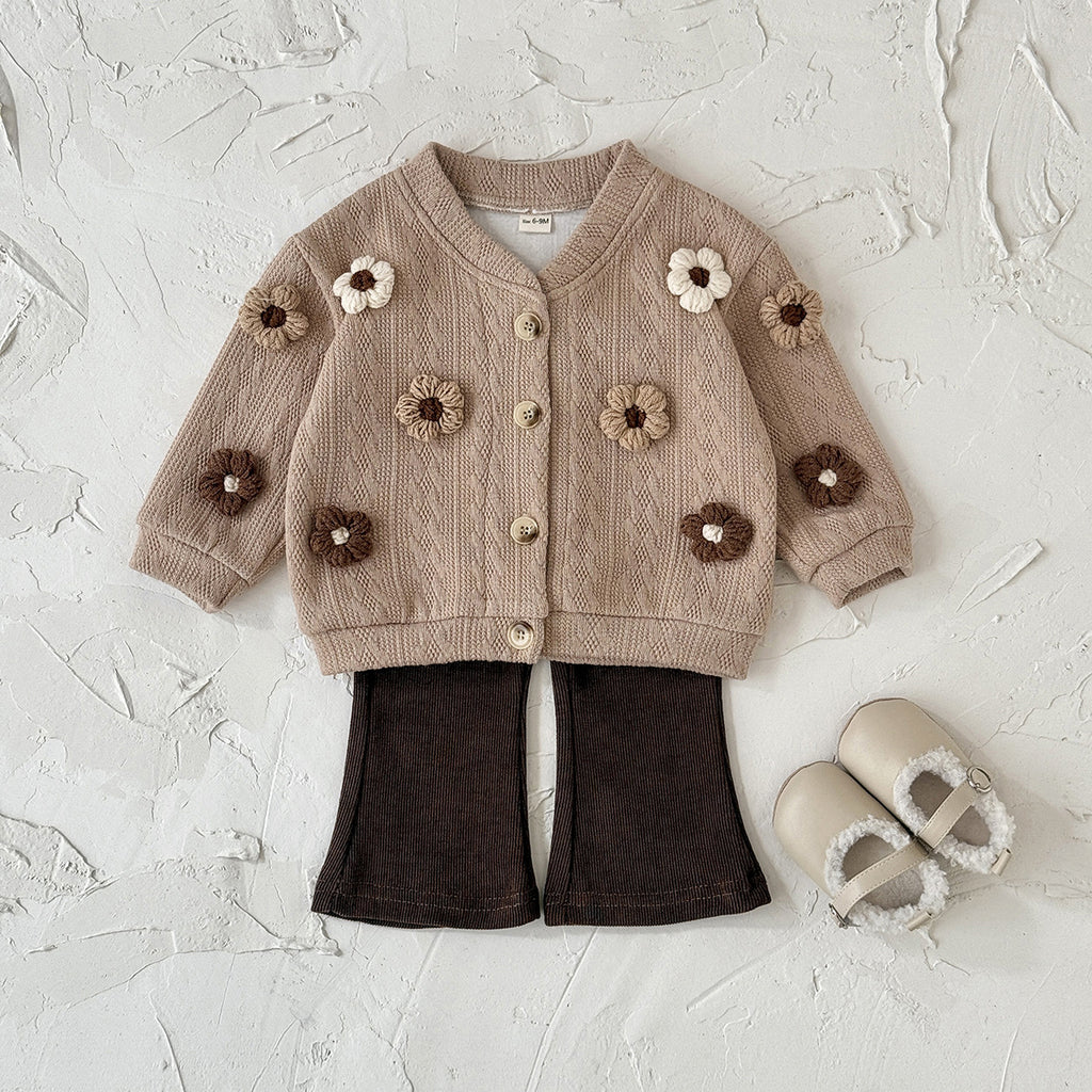 3D flower knitted cardigan set sweater+micro flared pants