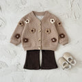 3D flower knitted cardigan set sweater+micro flared pants