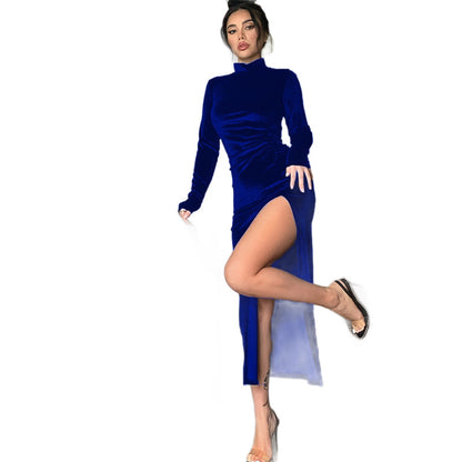 Women's High Neck Long Velvet Dress with Pleats and Slit Fitted SilhouetteAutumn/Winter Fashion